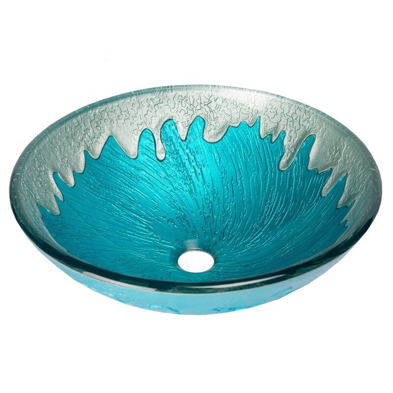 Multi-colored Design Tempered Glass Circular Blue Color Bathroom Wash Basin