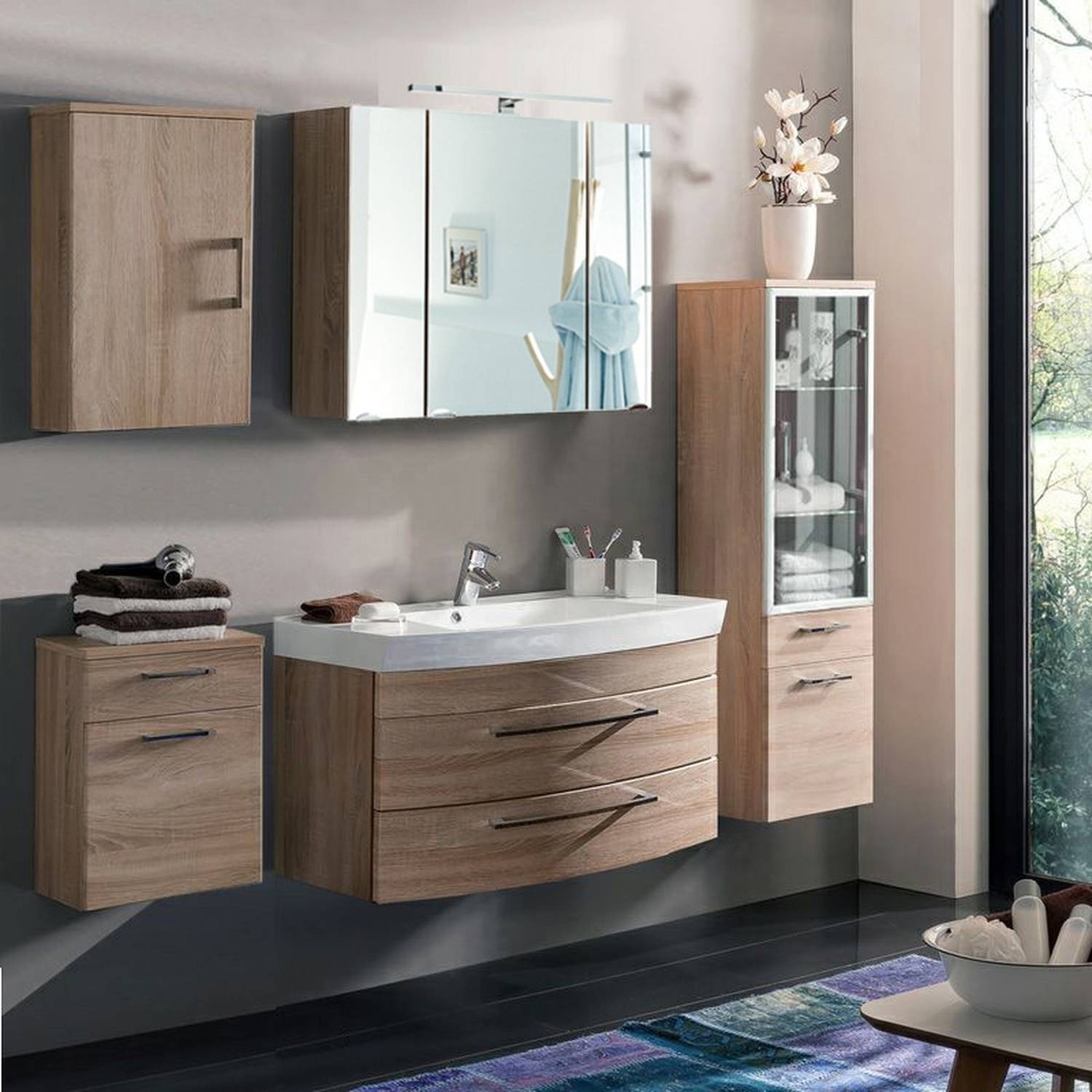 Furniture Set Wall Hung Waterproof Solid Wood Curved Bathroom Vanity