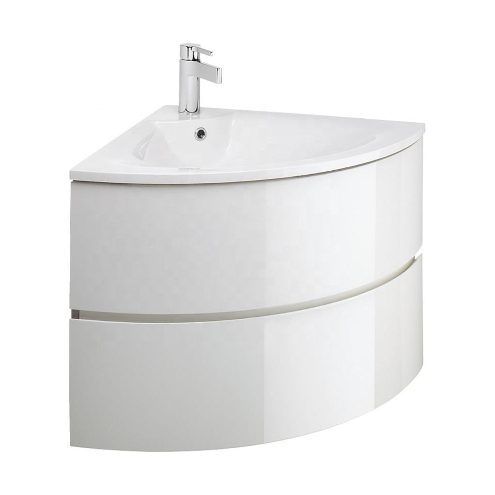 White Wall Mounted Curved Front Corner Bathroom Vanity with Drawers