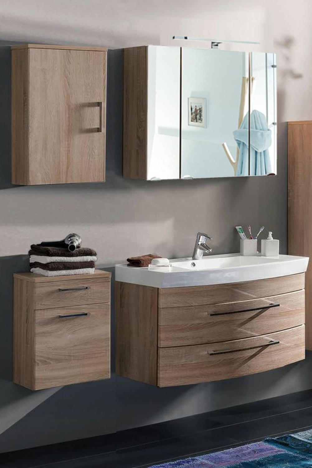 Furniture Set Wall Hung Waterproof Solid Wood Curved Bathroom Vanity