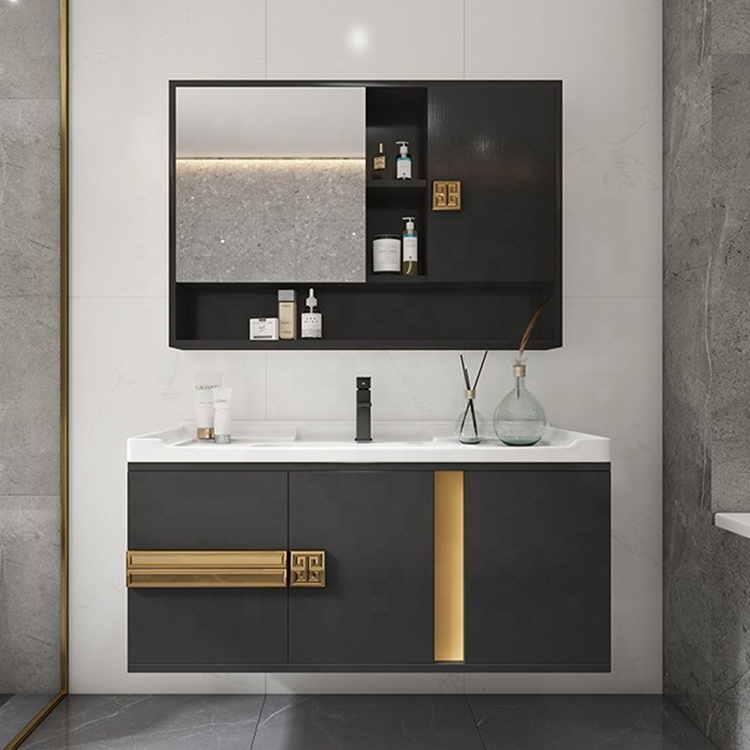 Multi-Functional High Quality European Black Solid Wood Bathroom Vanity Cabinet Furniture With Gold Handle