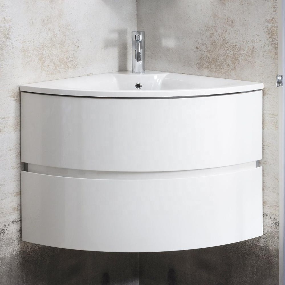 White Wall Mounted Curved Front Corner Bathroom Vanity with Drawers