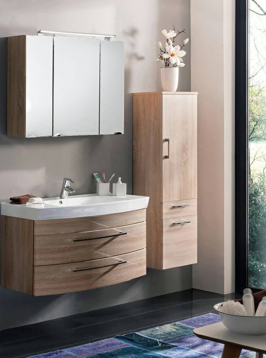 Furniture Set Wall Hung Waterproof Solid Wood Curved Bathroom Vanity