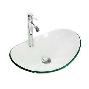 Bathroom Vanity Wash Bowl Tempered Clear Oval Glass Vessel Wash Basin