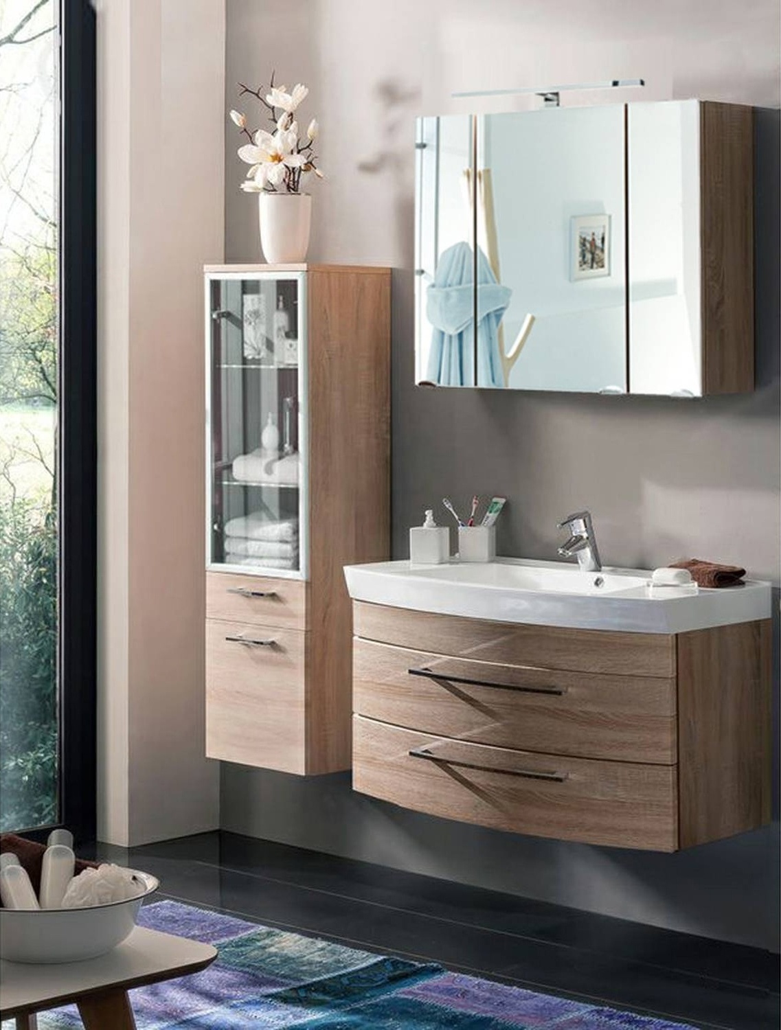 Furniture Set Wall Hung Waterproof Solid Wood Curved Bathroom Vanity