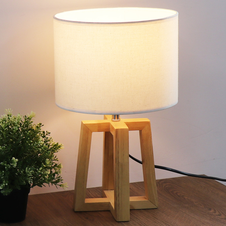 Modern and artistic handmade craft white bedroom bed side E27/E26 wood indoor task night table lamp with fabric lampshade