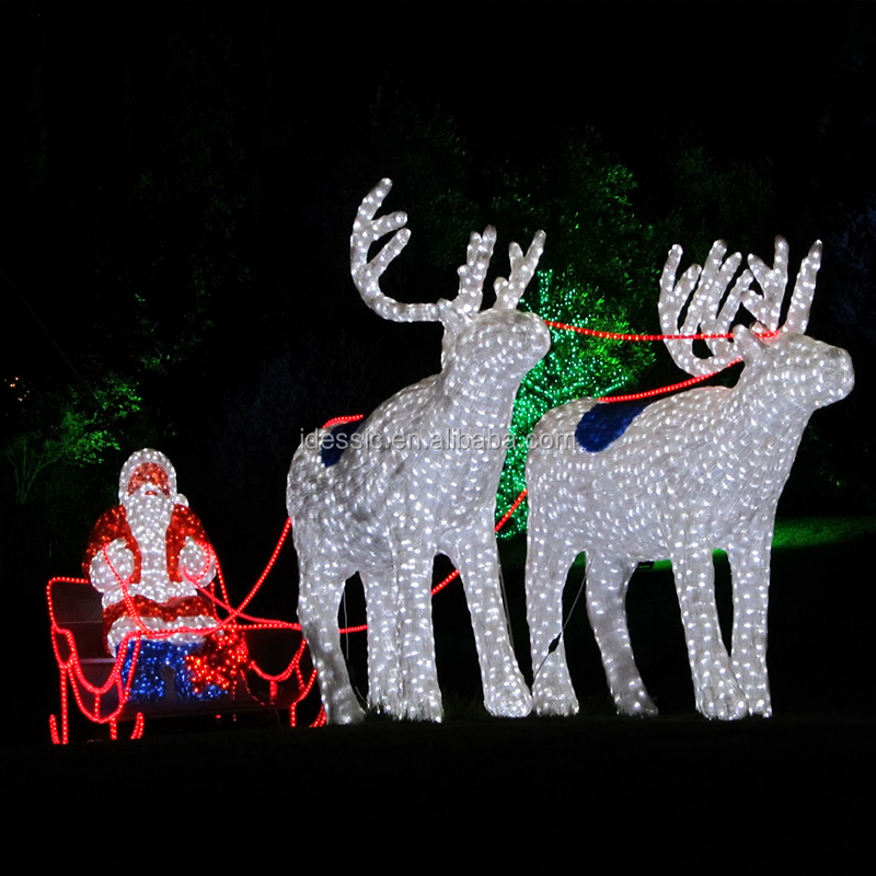 Outdoor 3D life size LED motif Santa in sleigh with reindeer Christmas light sculpture for commercial grade festival light show