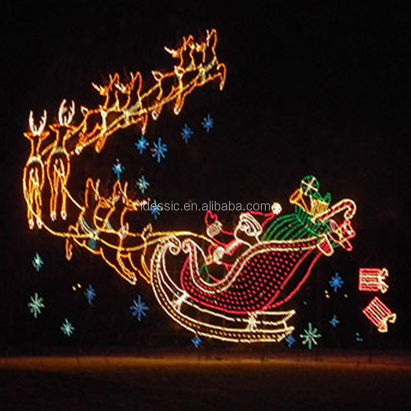 Outdoor animated LED lighted flying Santa reindeer silhouette Christmas characters for garden lawn winter displays