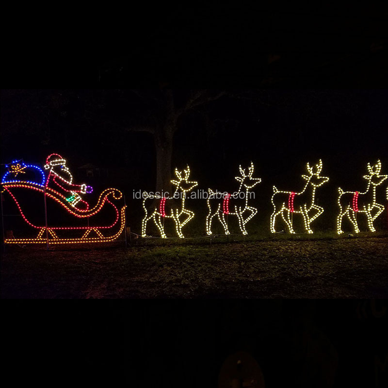 Outdoor large commercial Christmas decorations animated 2D rope light lighted motif Santa reindeer sleigh