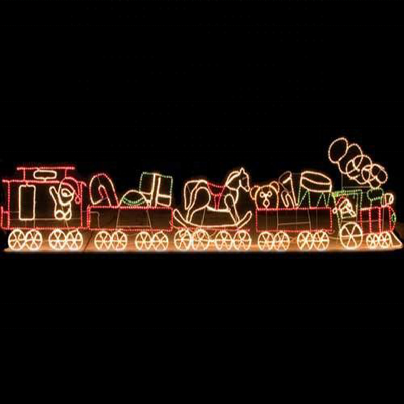 Outdoor 2D LED train rope light silhouette for commercial grade drive through Christmas park yard displays