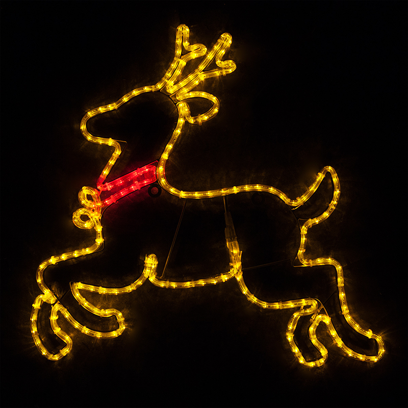 Outdoor lighted Santa reindeer sleigh sled in sky animated moving Christmas light silhouette LED flying reindeer