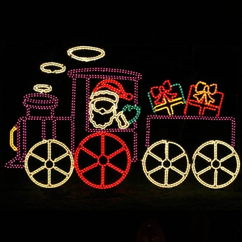 Outdoor 2D LED train rope light silhouette for commercial grade drive through Christmas park yard displays