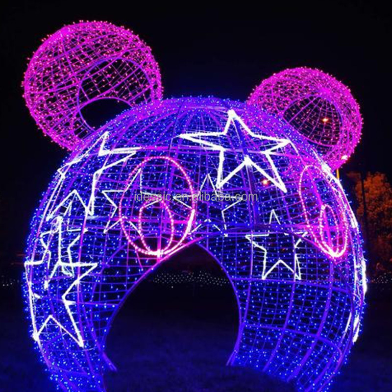 Outdoor walk thru giant lighted Mickey Mouse Christmas bauble ornament for commercial winter garden decoration