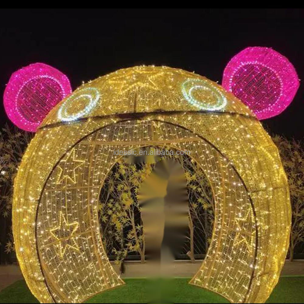 Outdoor walk thru giant lighted Mickey Mouse Christmas bauble ornament for commercial winter garden decoration