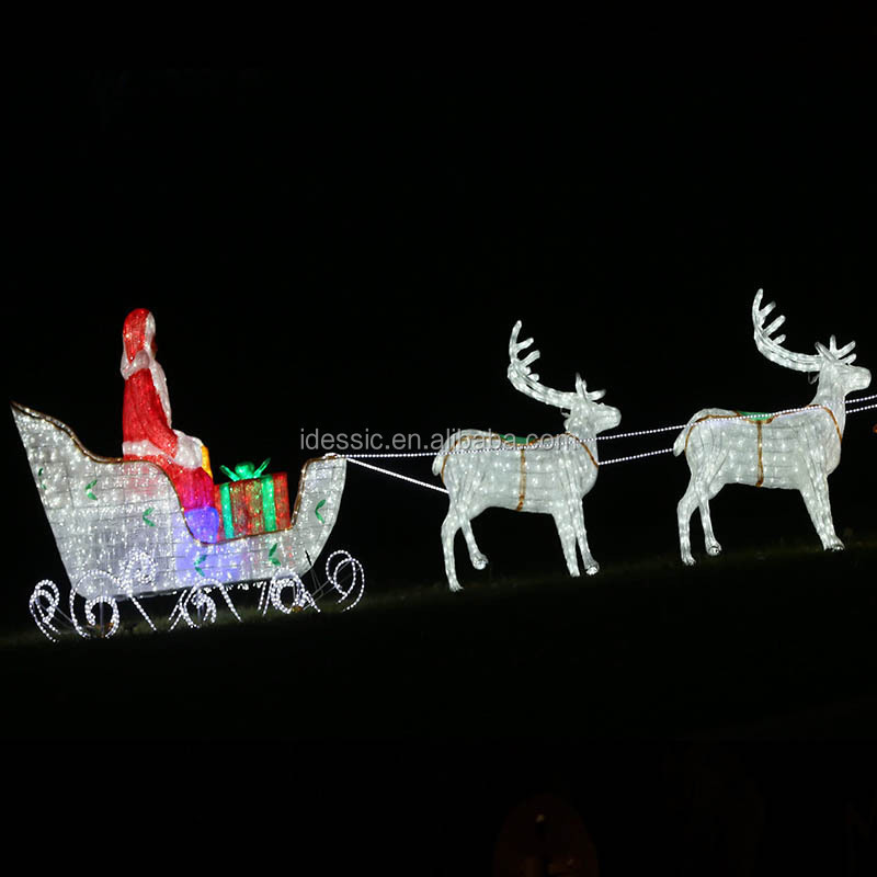 Outdoor 3D life size LED motif Santa in sleigh with reindeer Christmas light sculpture for commercial grade festival light show