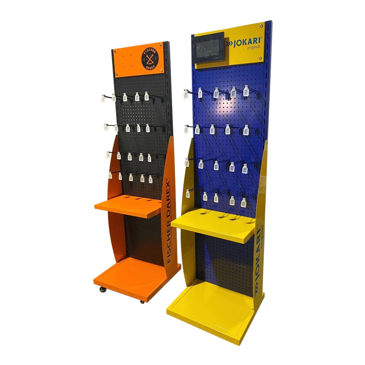 Cost-effective Single Multi-sided Movable Tools Display Shelf, Free Standing Wheeled Rotating Metal Hardware Tools Display Stand