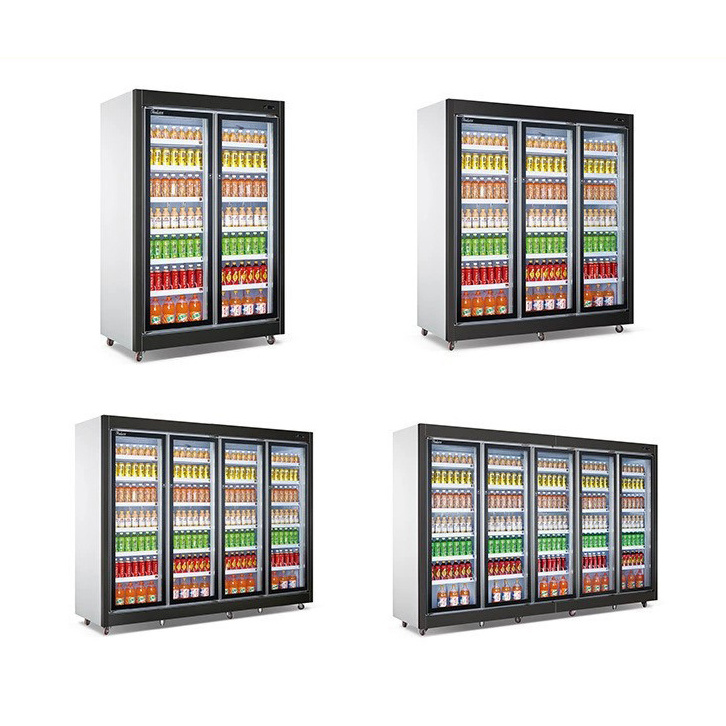 Vertical Supermarket Display Refrigeration Freezer, Tempered Glass Door Beverage Fruit Display Refrigerator with LED Lights