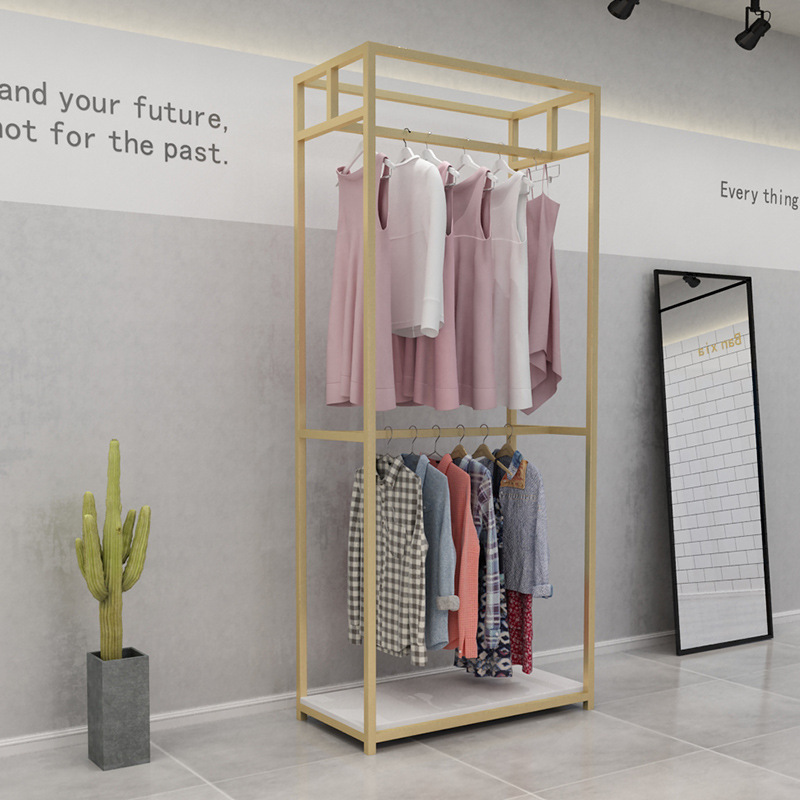 Fashion clothing store floor-standing garments shop golden hat coat bag storage shelf children's shoes wall hanging display rack