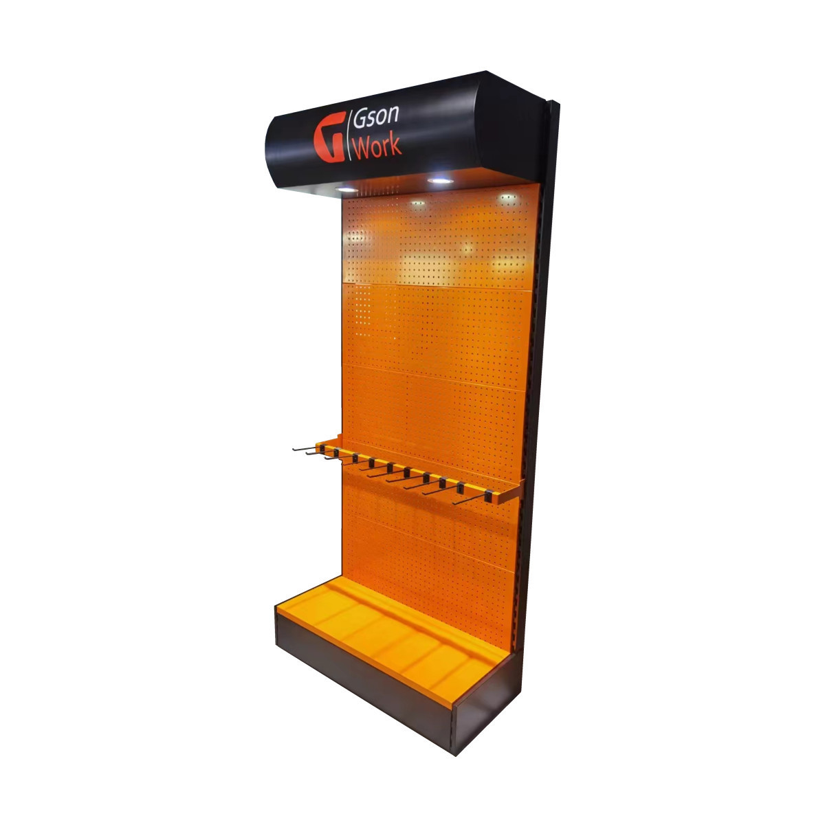 Orange High Bearing Capacity Metal Pegboard Floor Power Tool Accessories And Hand Tools Display Rack With Hanging Hooks