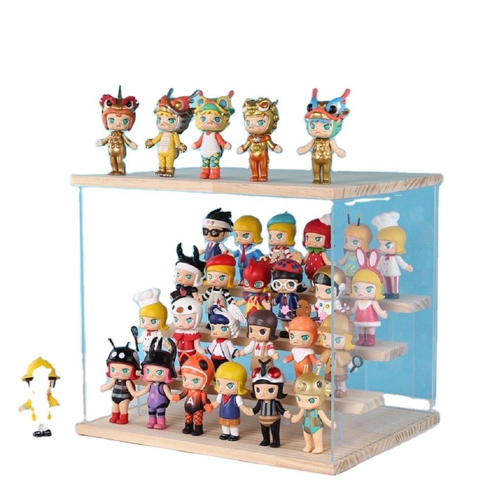 Stackable Transparent Customizable Acrylic Toy Figure Display Cases, Wooden Base Dolls Display Box