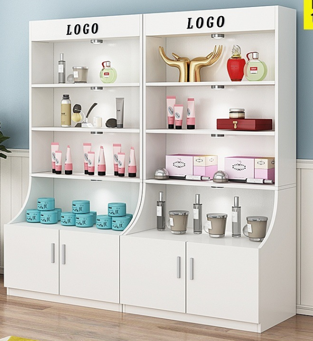 Customized white curved cosmetic showcase wooden multi-layer drink toy handbag display rack with base cabinet and logo