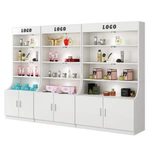 Customized white curved cosmetic showcase wooden multi-layer drink toy handbag display rack with base cabinet and logo