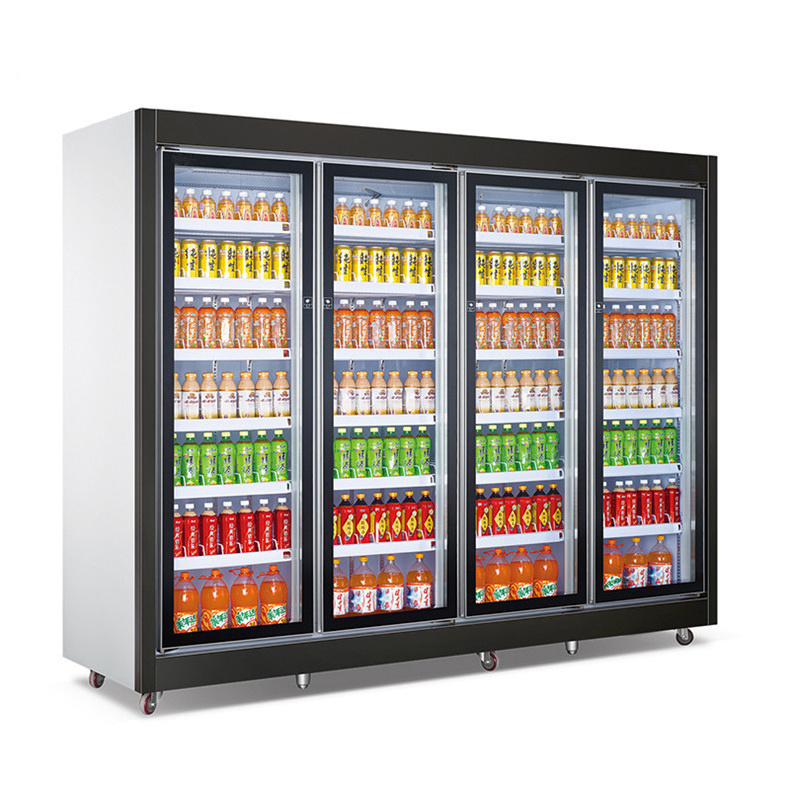 Vertical Supermarket Display Refrigeration Freezer, Tempered Glass Door Beverage Fruit Display Refrigerator with LED Lights