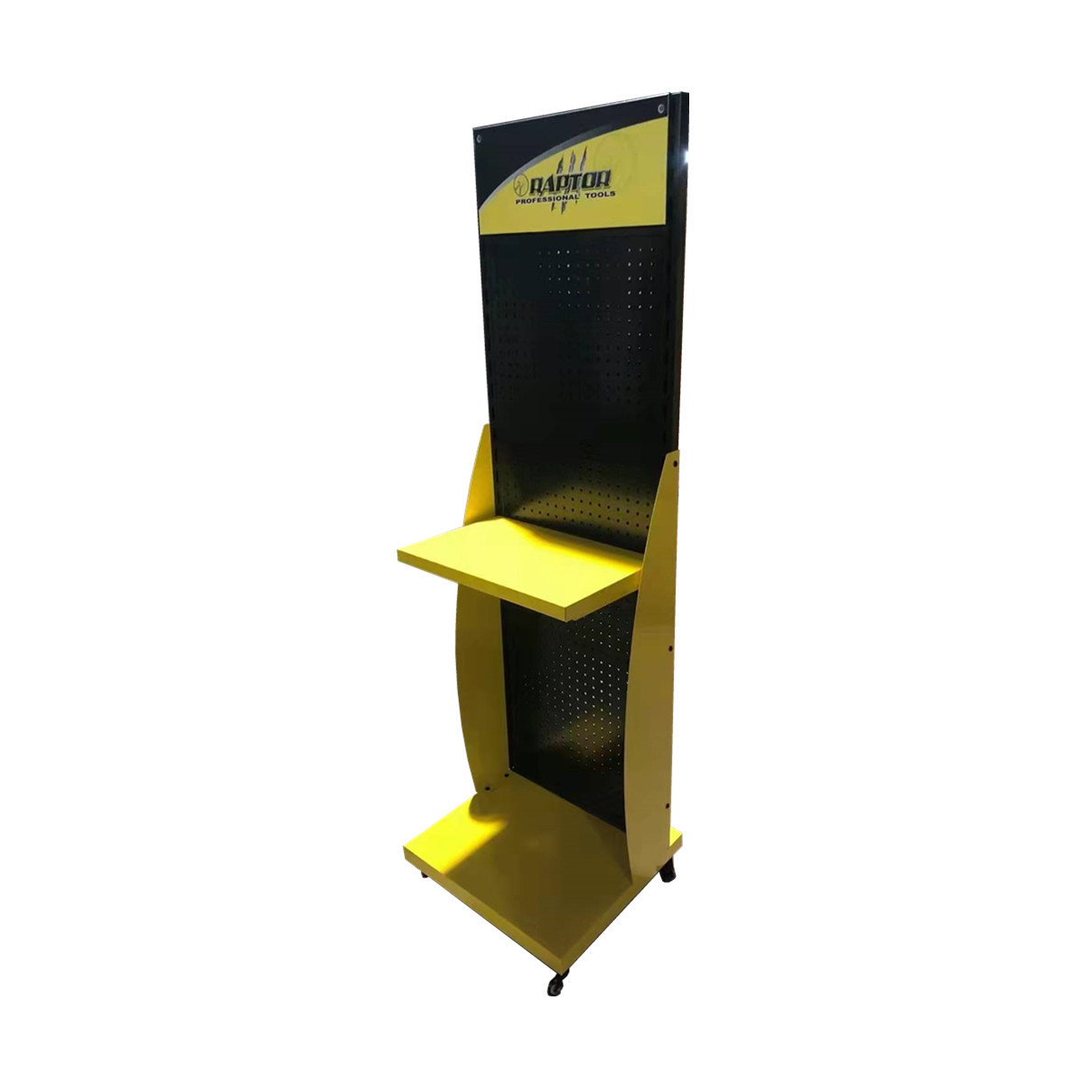 Cost-effective Single Multi-sided Movable Tools Display Shelf, Free Standing Wheeled Rotating Metal Hardware Tools Display Stand