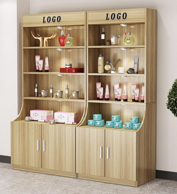 Customized white curved cosmetic showcase wooden multi-layer drink toy handbag display rack with base cabinet and logo