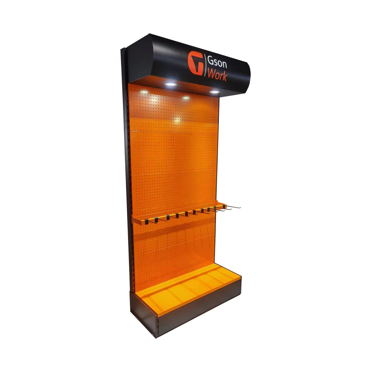 Orange High Bearing Capacity Metal Pegboard Floor Power Tool Accessories And Hand Tools Display Rack With Hanging Hooks