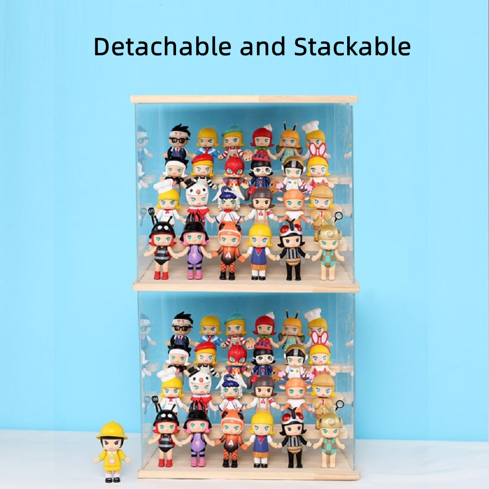 Stackable Transparent Customizable Acrylic Toy Figure Display Cases, Wooden Base Dolls Display Box