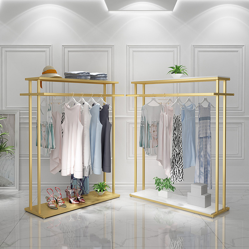 Golden clothing store floor standing clothes display rack Double sided multifunctional children's cloth display stand