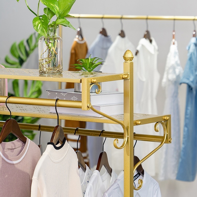 Retail Double-row Hanging Rod Golden Paint Flooring Standing Underwear Hand Bag Clothing Display Rack