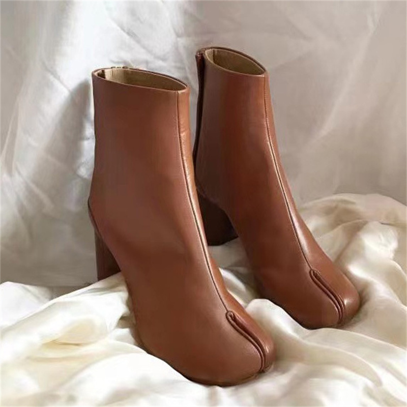 IDOIT Custom Latest Slip On Leather Boots Split Toe Slim Thick Heel High Heel Ladies Boots Ankle Leather Boots Women Shoes