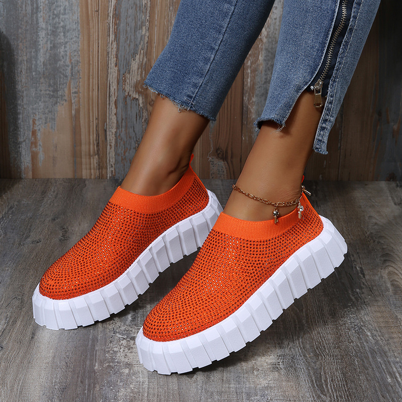 Custom Logo Low Top Platform Sneakers Solid Rhinestones Slip on Casual Shoes Women Sneakers 2022