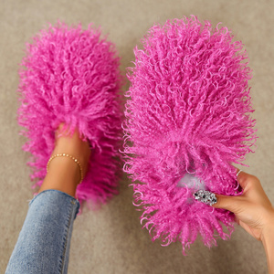 IDOIT Winter Furry Shoes Women Fur Slippers Fluffy Faux Mongolian Fur Slides Warm Plush Slippers Fuzzy Flip Flops