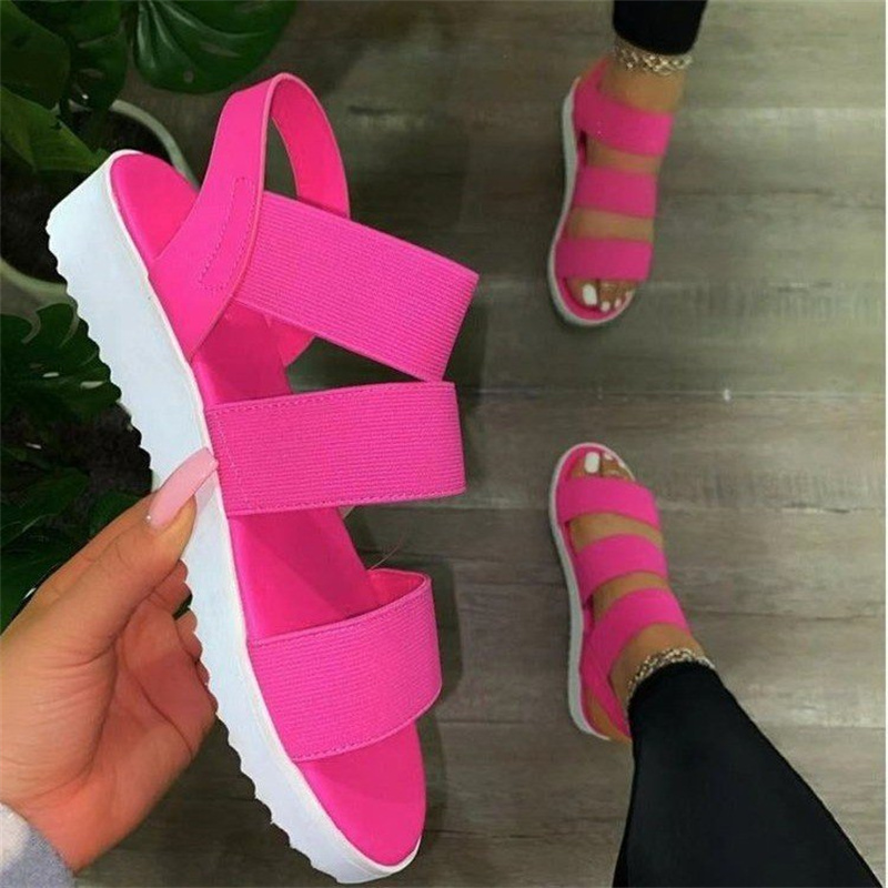 Womens Thick Soled Large Size Sandals Round Toe Slippers Elastic Platform Sandals For Women And Ladies