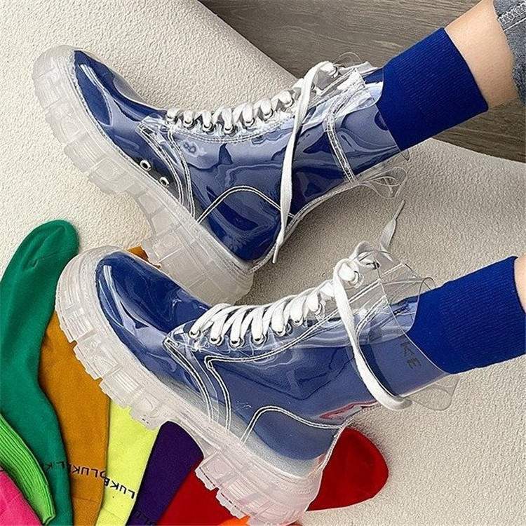 Cool Fashion Women Transparent Platform Boots Waterproof Ankle Boots Feminine Clear Heel Short Boots Sexy Female Rain Shoes