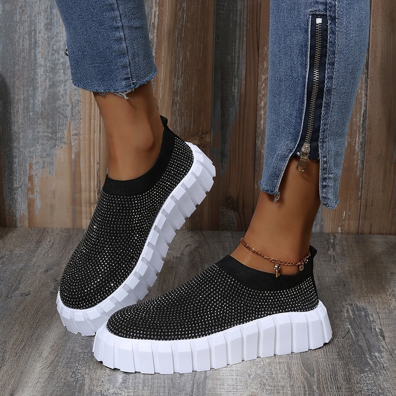 Custom Logo Low Top Platform Sneakers Solid Rhinestones Slip on Casual Shoes Women Sneakers 2022