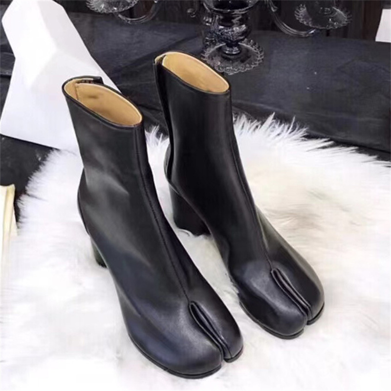 IDOIT Custom Latest Slip On Leather Boots Split Toe Slim Thick Heel High Heel Ladies Boots Ankle Leather Boots Women Shoes