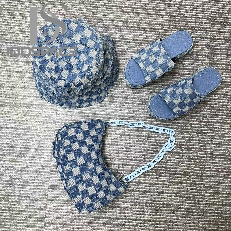 IDOIT Hot Selling New Shoes And Purse Set  Denim Slipper Shoulder Bag And Hats Matching Shoes