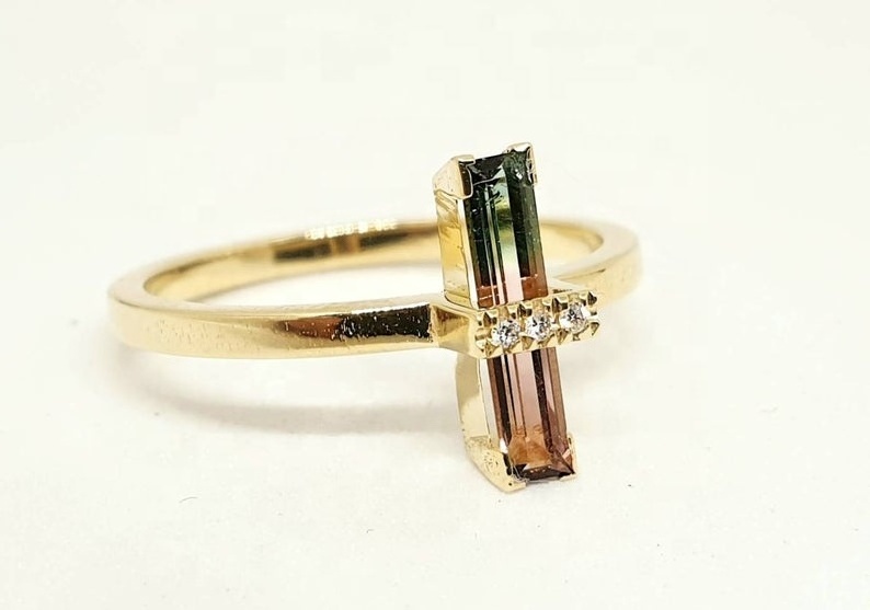 925 Silver Gold Plated Emerald Cut Prong Set Jewelry Dainty Watermelon Tourmaline Wedding Ring