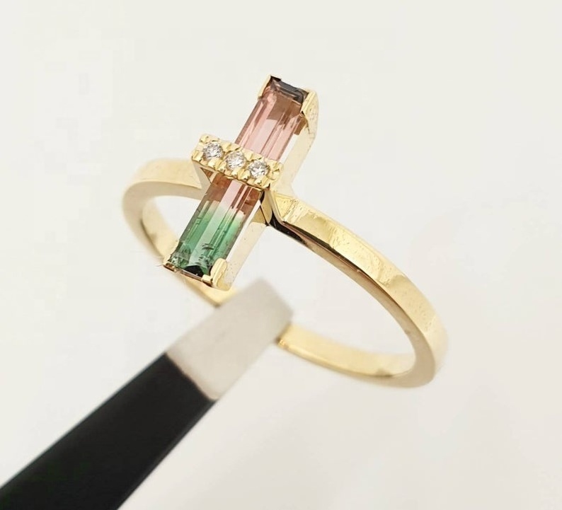 925 Silver Gold Plated Emerald Cut Prong Set Jewelry Dainty Watermelon Tourmaline Wedding Ring