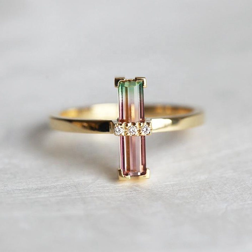 925 Silver Gold Plated Emerald Cut Prong Set Jewelry Dainty Watermelon Tourmaline Wedding Ring