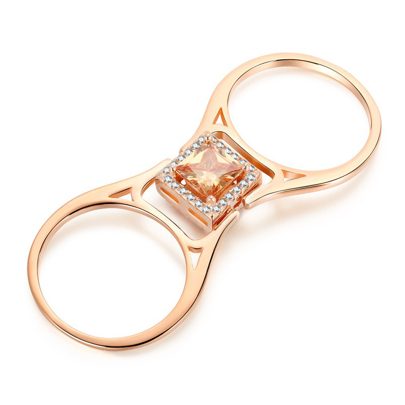 Unique Two Sides Wedding Rings for Women Rose Gold Color Princess Cut Champagne and White CZ 925 Sterling Silver Flip Ring