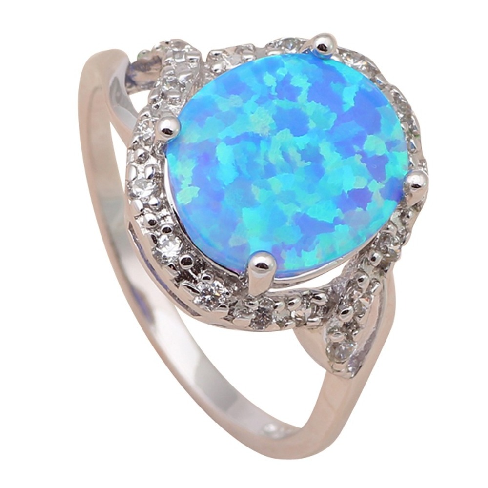 925 Silver Oval Shape Blue Fire Opal Engagement Rings For Women Mexican Fire Opal Jewelry