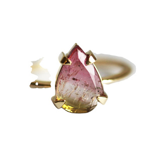 Newest Gold Plated Weeding Jewelry Pear Solitaire Ring Synthetic Watermelon Tourmaline Ring