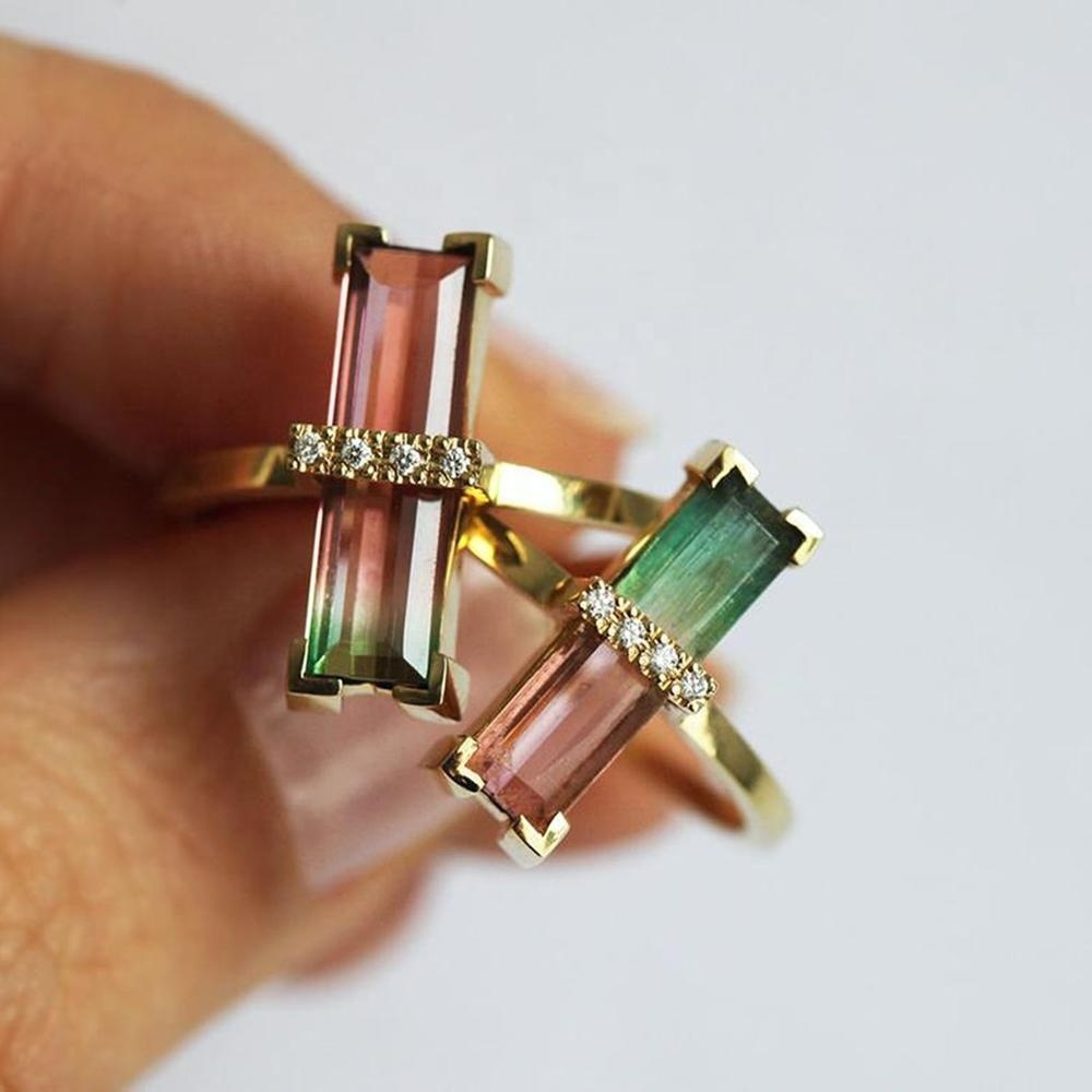 925 Silver Gold Plated Emerald Cut Prong Set Jewelry Dainty Watermelon Tourmaline Wedding Ring