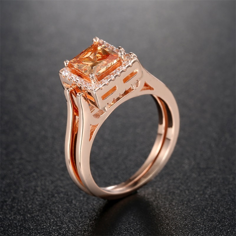 Unique Two Sides Wedding Rings for Women Rose Gold Color Princess Cut Champagne and White CZ 925 Sterling Silver Flip Ring