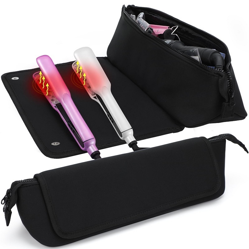 Custom neoprene 2 in 1 travel essential hair dryer tool bag with heat resistant mat for flat iron hair straightener curling iron